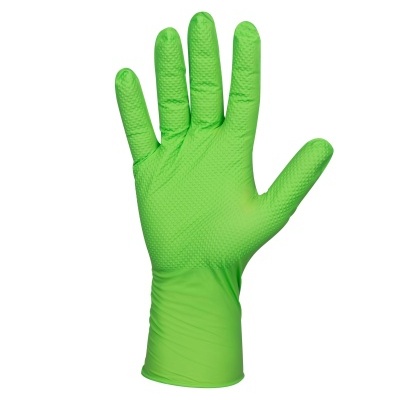 Luva verde texturada para proteção em fundo branco