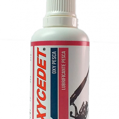 Frasco branco com rótulo vermelho, azul e branco de lubrificante para pesca