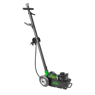 Macaco hidráulico de chão metálico preto e verde com rodas