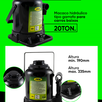 Macaco hidráulico tipo garrafa preto com etiqueta amarela e capacidade 20 toneladas