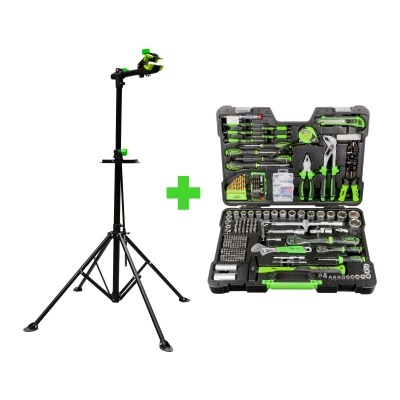 treliça preta e verde com estojo de ferramentas preto contendo ferramentas verdes discutidas