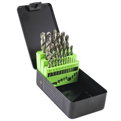 Conjunto de brocas varias em caixa preta com suporte verde