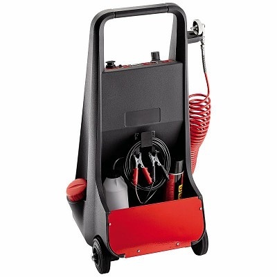 Estação móvel para manutenção automóvel com estrutura preta e detalhes vermelhos.