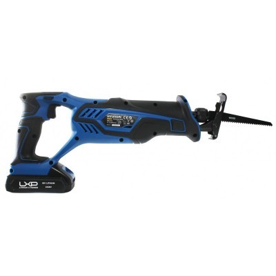 Serra tico-tico sem fios azul e preta com lâmina metálica