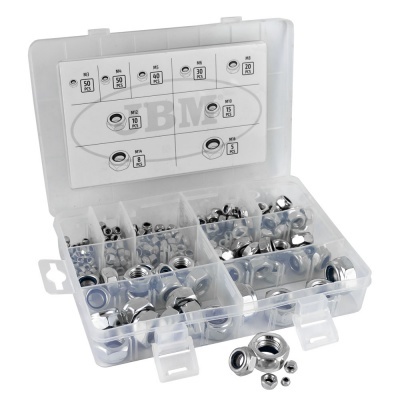 Estojo transparente com porcas metálicas e anel de vedação, etiqueta com tamanhos e quantidades.