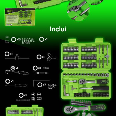 Kit de ferramentas JBM 53953 verde com 130 peças e texto descritivo em português.