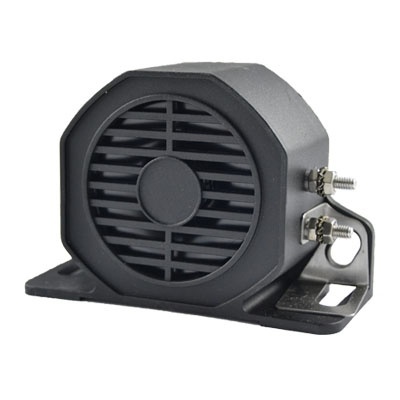 Alarme ou sirene preta com suporte metálico de fixação