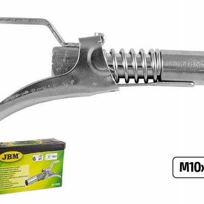 Bico metálico para calibrar pneus com mola e embalagem JBM preta e verde