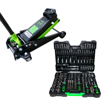 Macaco hidráulico preto com detalhes verdes e caixa aberta com ferramentas manuais organizadas