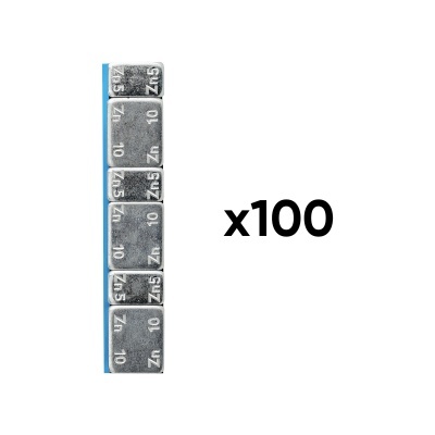 Pack de 100 pastilhas metálicas cinzentas com inscrições 10 Zn e Zn 5 em coluna