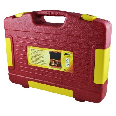 Estojo vermelho em plástico rígido com fechos amarelos com etiqueta JBM
