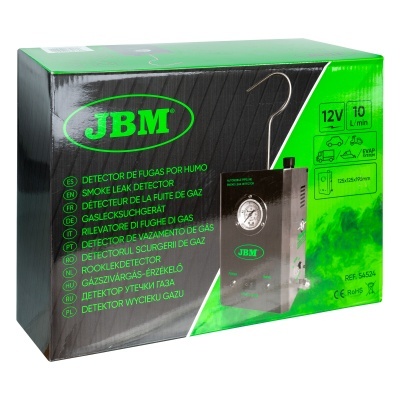 Caixa do detector de fugas JBM verde e preta com textos técnicos e imagens do produto