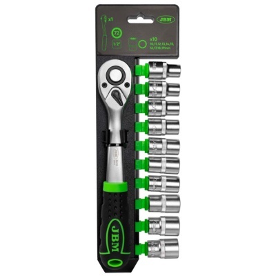 Conjunto de ferramenta metálica com catraca e soquetes em embalagem preta com texto verde