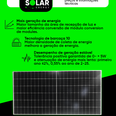 Painel solar JBM Solar Energy modelo 54062, 535W, com detalhes técnicos e contacto para cotações