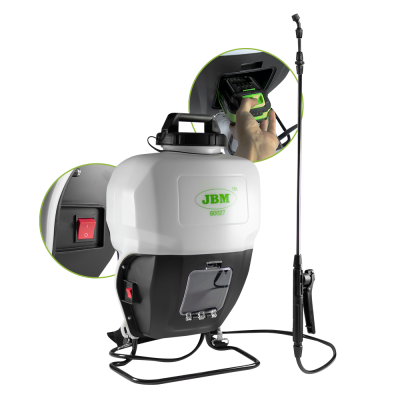 Pulverizador de mochila JBM branco e preto com botão vermelho e haste longa preta