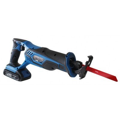 Serra sabre elétrica azul e preta com lâmina vermelha STIHL