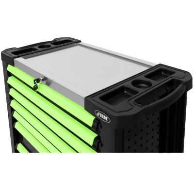 Carrinho de ferramentas preto com gavetas verdes e tampo metálico