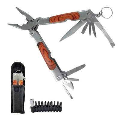 Ferramenta multiusos em metal e madeira com várias lâminas e estojo preto.