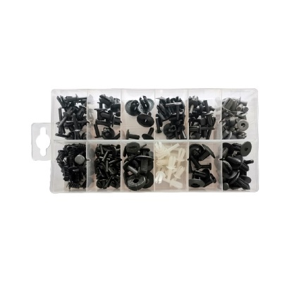 Caixa transparente com parafusos, porcas e clips variados pretos, brancos e cinzentos