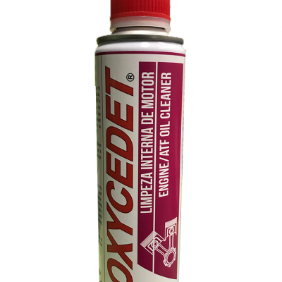 Frasco metálico com tampa vermelha do produto OXYCEDET, limpador interno de motor