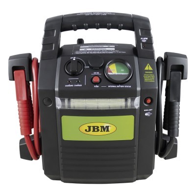 Carregador de baterias portátil JBM preto com pinças vermelha e preta, mostrador e botões