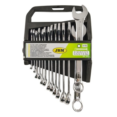 Conjunto de 14 chaves combinadas metálicas cromadas com suporte