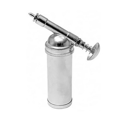 frasco metálico prateado com pistão no topo