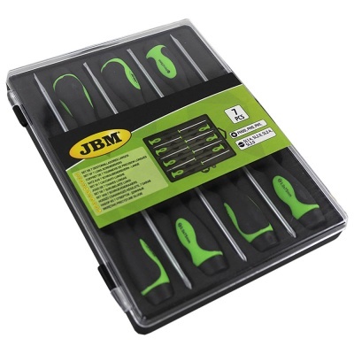Conjunto de 7 ferramentas JBM com cabos pretos e verdes em caixa plástica transparente