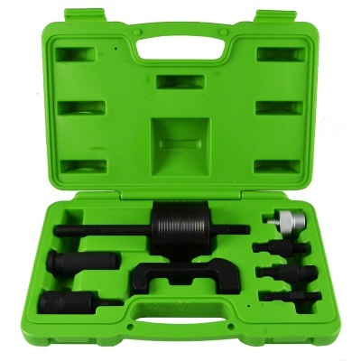 Estojo verde com conjunto de ferramentas de metal preto e cinza