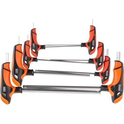 Conjunto de seis chaves allen de punho em T pretas e laranja com tamanhos visíveis