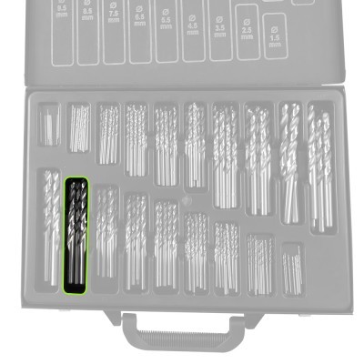 Conjunto de brocas metálicas em caixa cinzenta com tamanhos indicados.