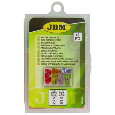 Caixa plástica de fusíveis automotivos JBM com 48 peças e rótulo verde e amarelo