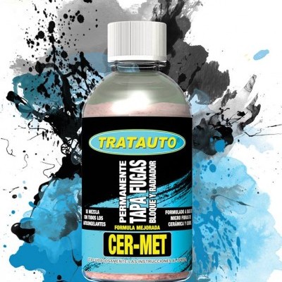 Frasco de produto TRATAUTO para tapar fugas em radiadores com etiqueta preta e texto colorido