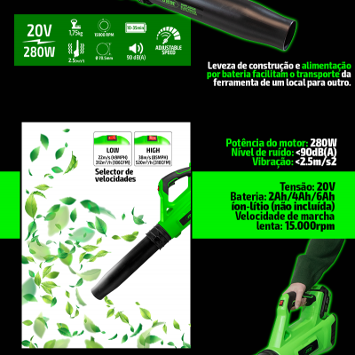 Soprador elétrico verde e preto com informações técnicas em português