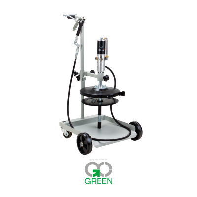 Dispensador de lubrificante portátil cinza com rodas e motor preto