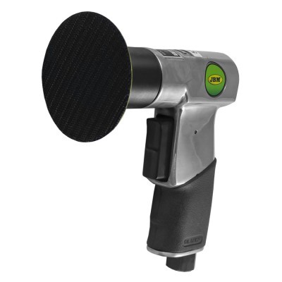 Máquina de lixar pneumática JBM prateada com punho preto e disco de lixa preto