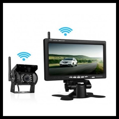 Conjunto de câmara de vigilância preta com monitor TFT color e ícones de Wi-Fi