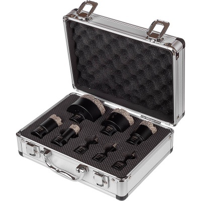 Conjunto de ferramentas de corte metálicas preto e prateado em estojo rígido cinzento com interior em espuma preta.