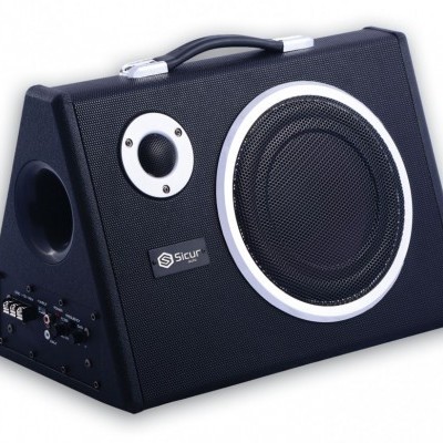 Coluna de som trapezoidal preta com pegador e grade metálica