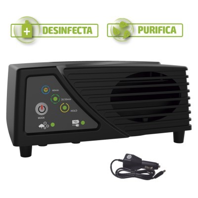 Dispositivo eletrónico preto com botões e indicadores iluminados, cabo de alimentação.