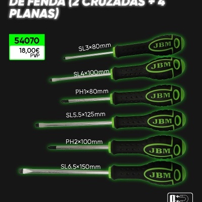 Conjunto de 6 chaves de fenda com cabo preto e verde, tamanhos variados, marca JBM, preço 18,00€.