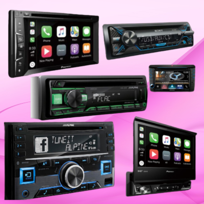 Leitores de áudio para carros com telas digitais e botões em cores escuras