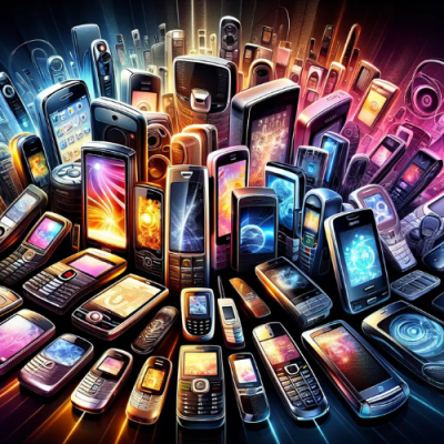 Coleção colorida de telemóveis antigos e modernos com ecrãs luminosos em fundo escuro colorido.