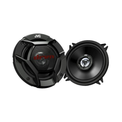 Colunas de som JVC preto com capa e texto 'drvn' em vermelho