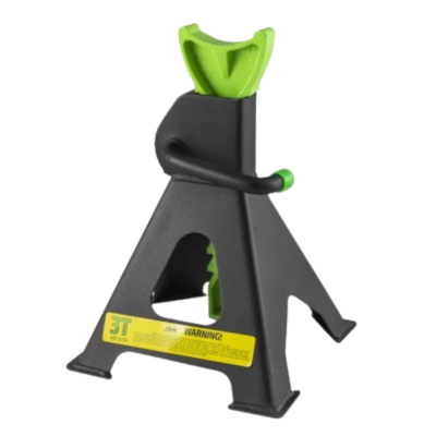 suporte tipo macaco triangular preto com encaixe superior verde e etiqueta amarela