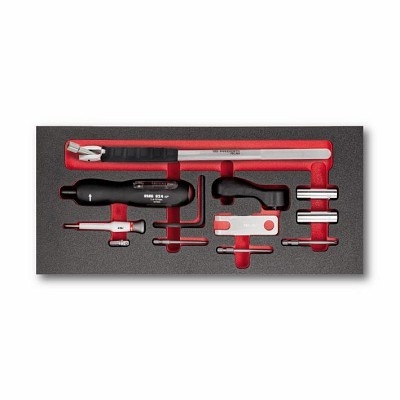 Conjunto de ferramentas com chave de torque e adaptadores organizados