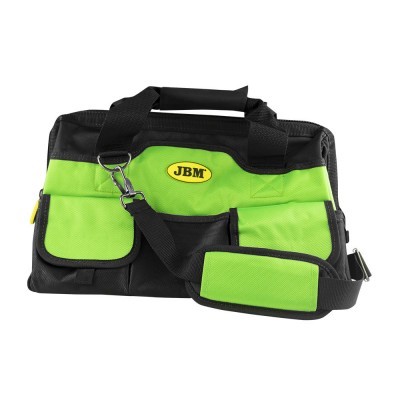 Mala de ferramentas verde e preta com alça e bolsos exteriores