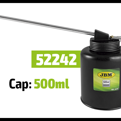 Frasco lubrificante preto com bico metálico e etiqueta verde