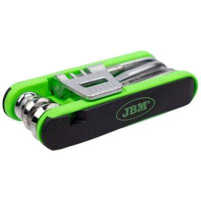 Ferramenta multifunções compacta verde e preta com ferramenta metálica