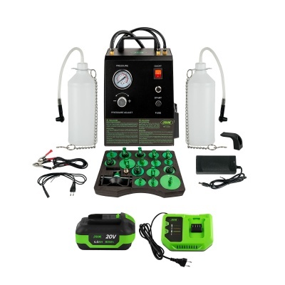 Conjunto de equipamento de reparação automóvel com máquina de pressão negra, garrafas plásticas, acessórios verdes, bateria e carregador